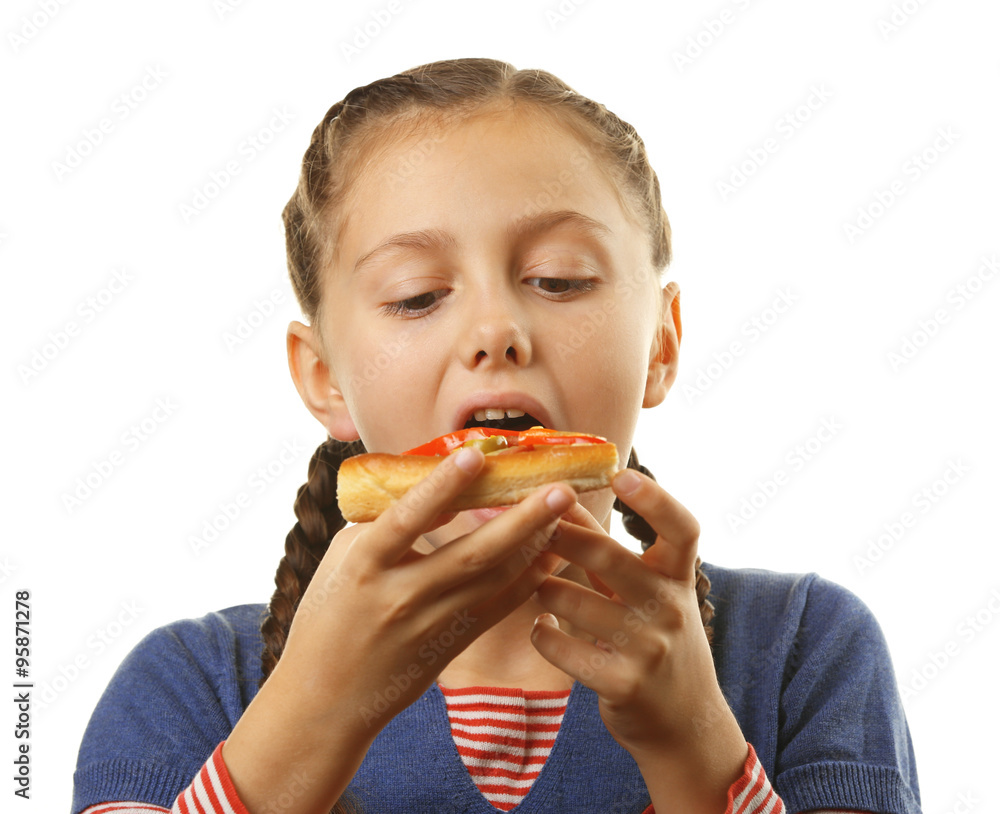 Little girl eating pizza isolated on white Little girl eating pizza isolated on white