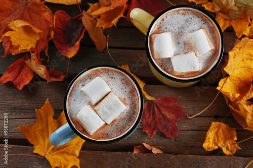 Tasty cocoa and marshmallow in metal old-fashioned mugs on the table