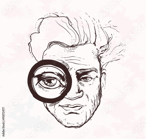 Man looks throug magnifying glass. Vector illustration