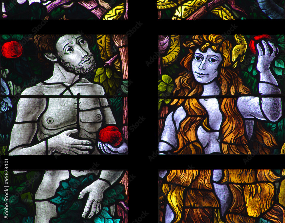 Fototapeta premium Adam and Eve with an apple and the snake