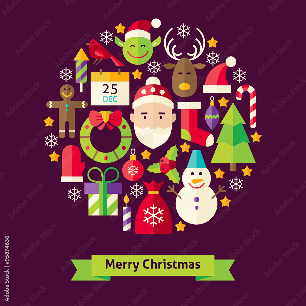 Fototapeta premium Vector Flat Style Merry Christmas Objects Concept