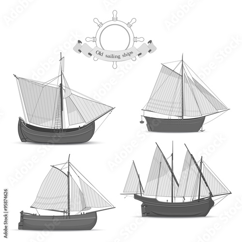 Set of old sailing ships on white background