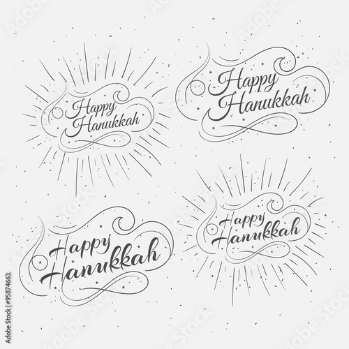 Happy Hanukkah inscription calligraphy set greeting card Old ikons, retro, vintage style. Vector illustration EPS 10 photo