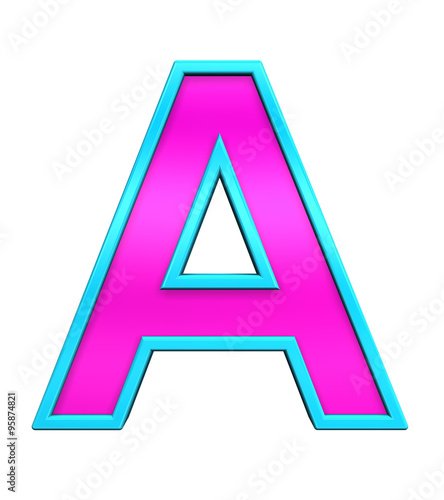 One letter from pink glass with blue frame alphabet set, isolated on white. Computer generated 3D photo rendering.