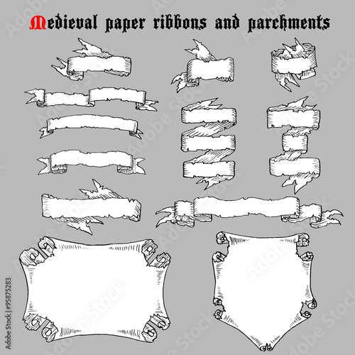 Ribbons and parchments in medieval engraving style. 