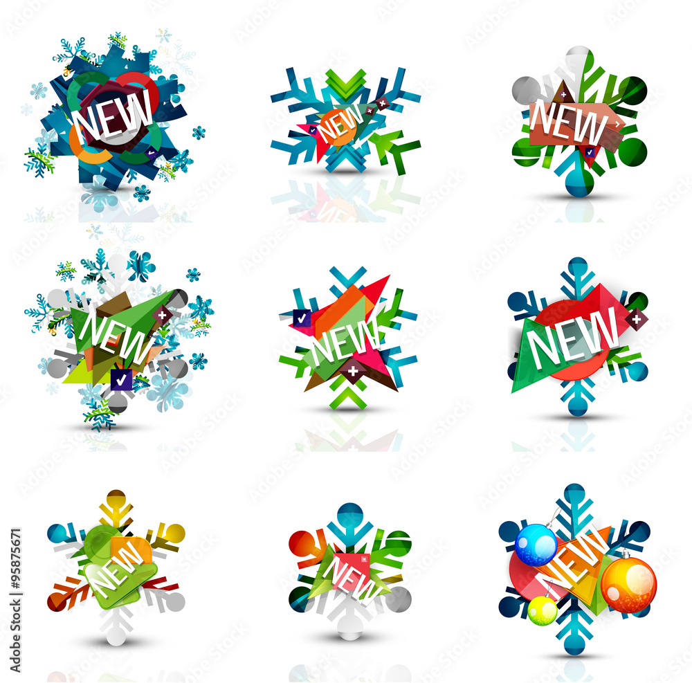 Set of snowflake icons with text labels. Christmas tags concept for your message