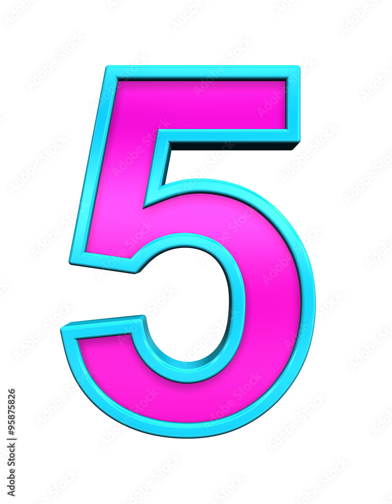 One digit from pink glass with blue frame alphabet set, isolated on white. Computer generated 3D photo rendering. One digit from pink glass with blue frame alphabet set, isolated on white. Computer generated 3D photo rendering.