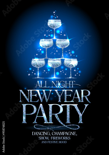 New Year party poster with silver stack of champagne glasses, decorated sparkling stars.