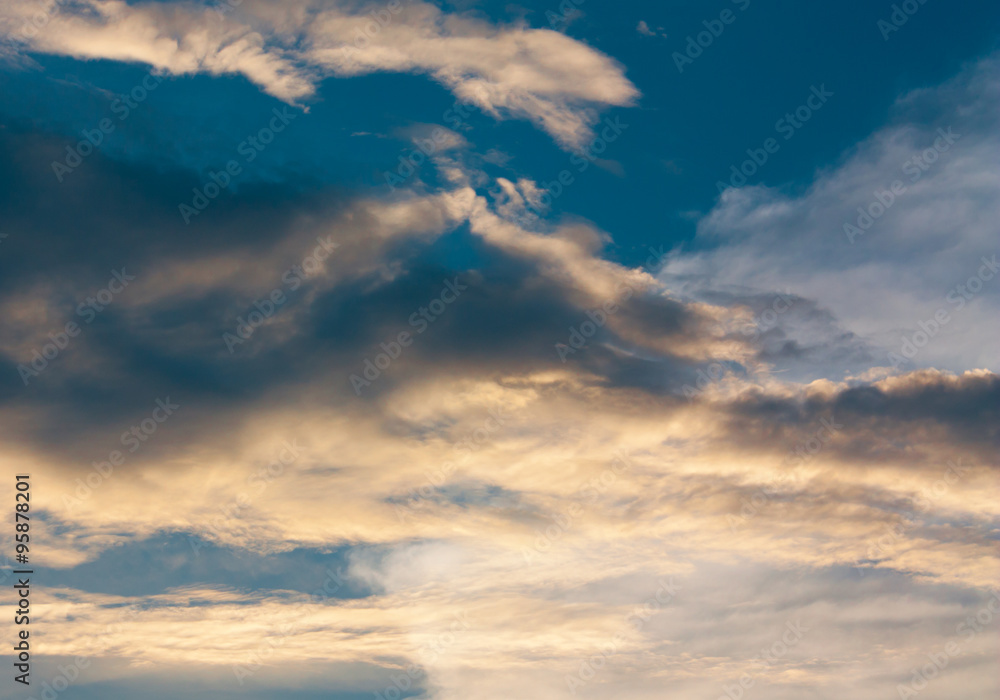 Sky, Bright Blue, Orange Colors Sunset. Instant Photo, Toned Image