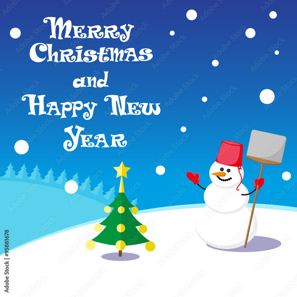 Vector poster Merry Christmas and Happy New Year with Snowman in santa claus hat on blue background Vector poster Merry Christmas and Happy New Year with Snowman in santa claus hat on blue background