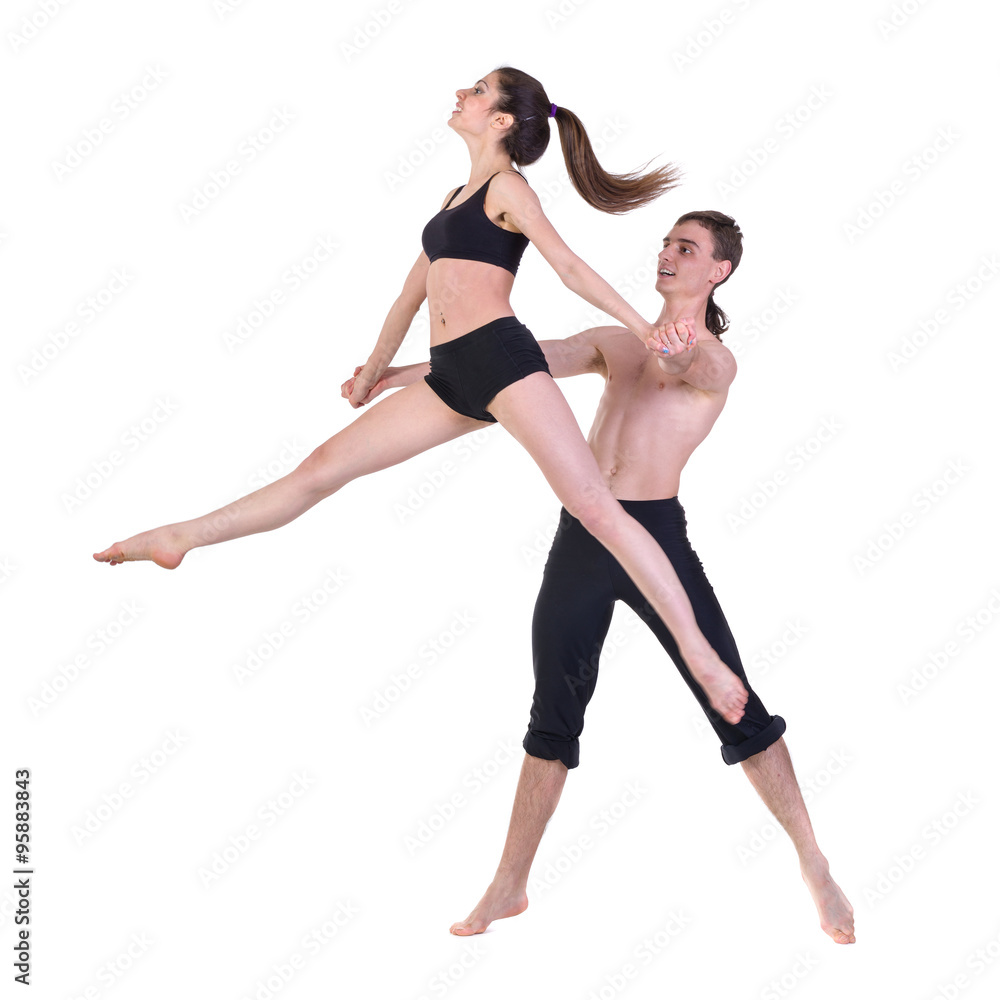 couple man and woman exercising fitness dancing on white background