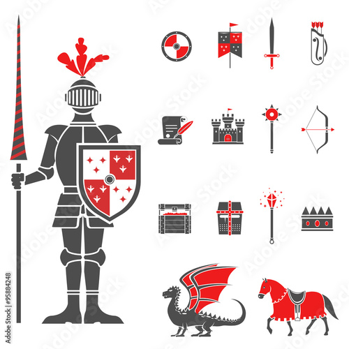 Medieval knights black red icons set 