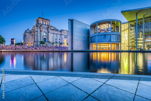 Berlin government district with Reichstag and Paul Löbe Haus at dusk, Germany photo