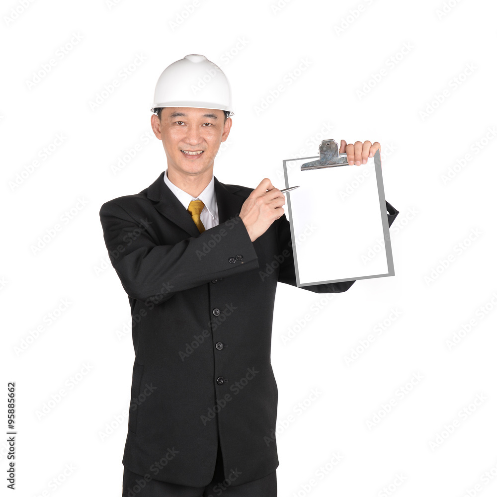 Asian young engineer write clipboard isolated on white backgroun Asian young engineer write clipboard isolated on white backgroun