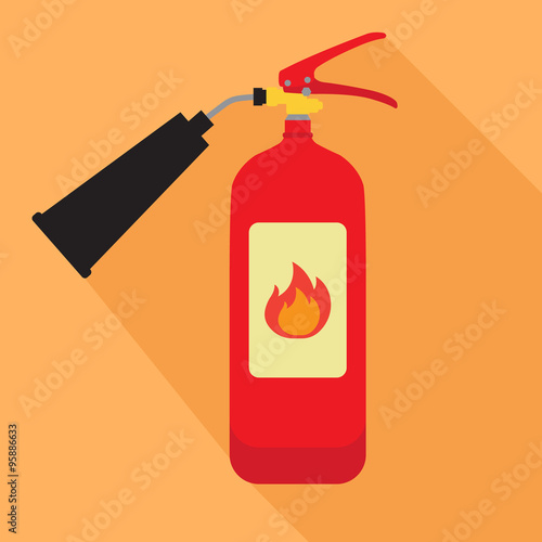image of a red fire extinguisher on an orange background. to draw an icon fire extinguisher. flat design
