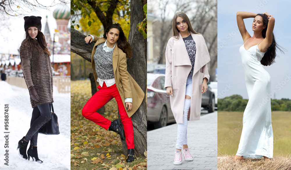 Naklejka premium Collage of four different models in fashionable clothes for the