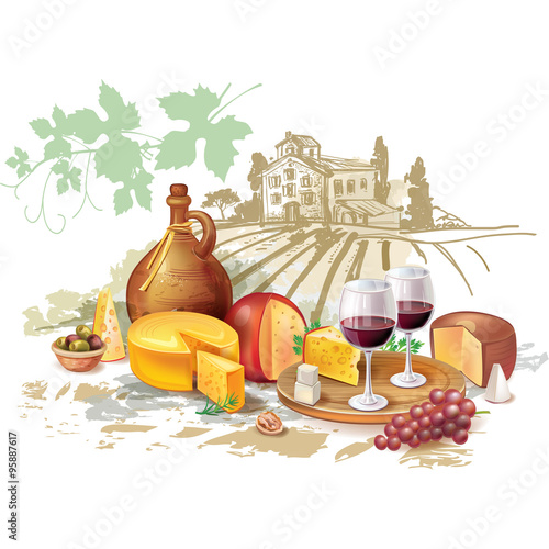 Still life of wine, cheese and grapes