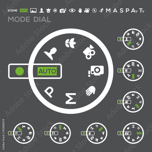 Icon Camera mode dial Set: Auto mode, Program mode, Manual mode, Portrait mode, Sports mode, Landscape mode, Macro mode... in vector. Black background.

