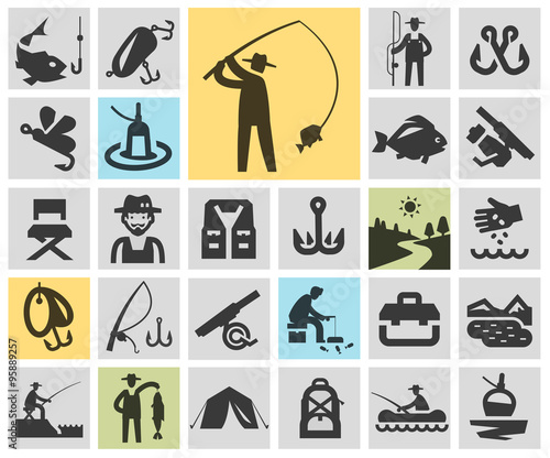 fishing set black icons. signs and symbols