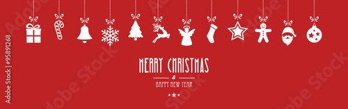 merry christmas ornaments hanging red background