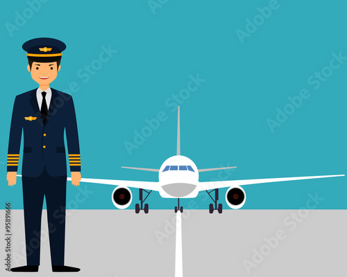 The pilot on the runway near the plane. Vector illustration