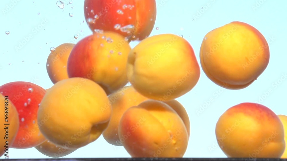 Apricot. Fresh and ripe organic apricots falling in water. Slow motion 240 fps. Apricot. Fresh and ripe organic apricots falling in water. Slow motion 240 fps.