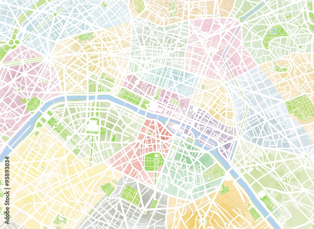 Naklejka premium Cartina Parigi, disegnata a mano, pennellate, strade e vie, Francia