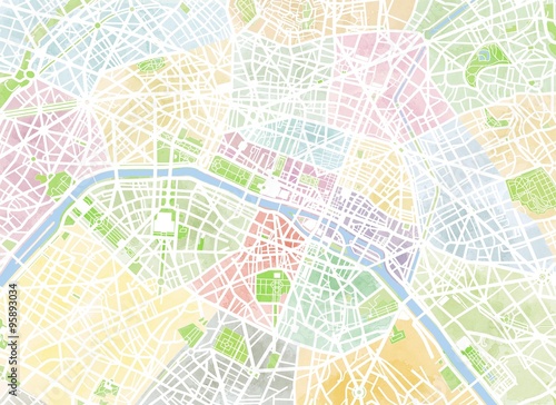 Cartina Parigi  disegnata a mano  pennellate  strade e vie  Francia