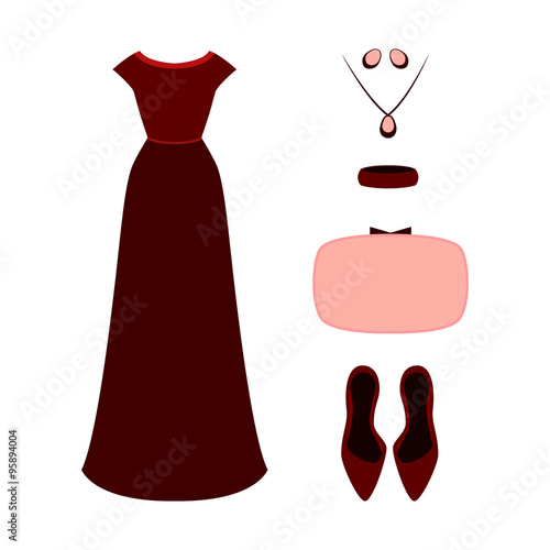 Set of  trendy women's clothes. Outfit of woman evening dress with accessories. Women's wardrobe. Vector illustration