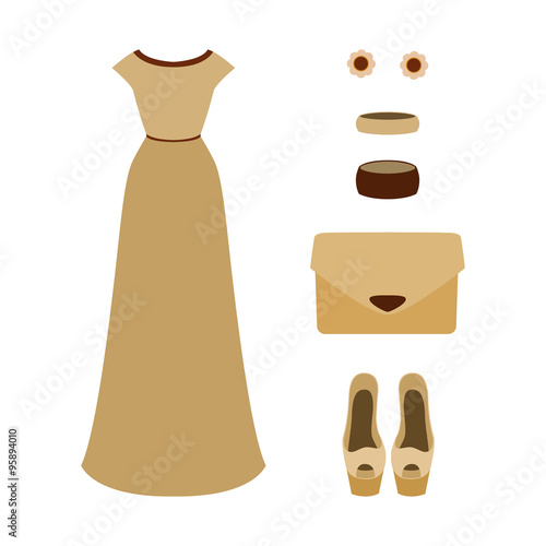 Set of  trendy women's clothes. Outfit of woman evening dress with accessories. Women's wardrobe. Vector illustration