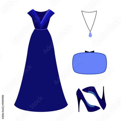 Set of  trendy women's clothes. Outfit of woman evening dress with accessories. Women's wardrobe. Vector illustration