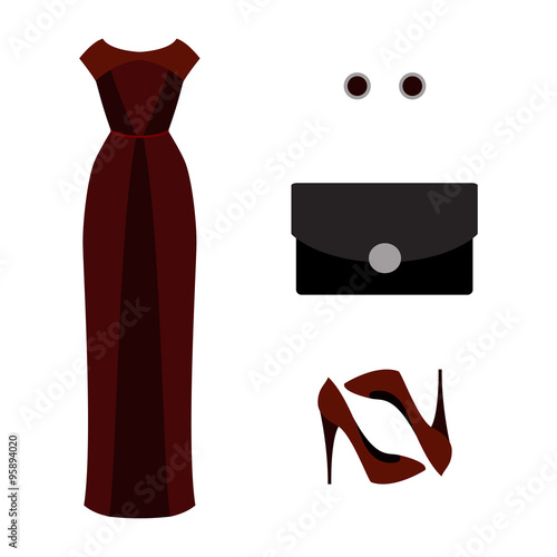 Set of  trendy women's clothes. Outfit of woman evening dress with accessories. Women's wardrobe. Vector illustration