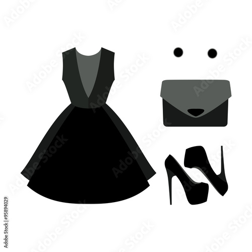 Set of  trendy women's clothes. Outfit of black woman dress with accessories. Women's wardrobe. Vector illustration