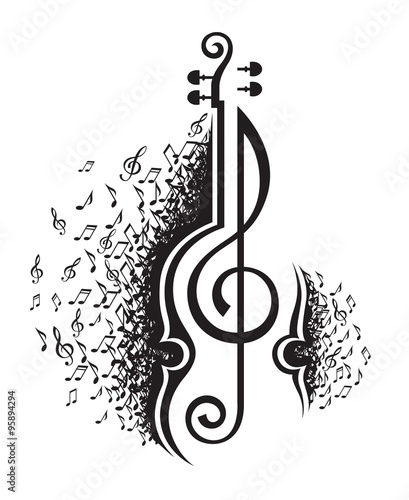 monochrome illustration of musical notes and violin