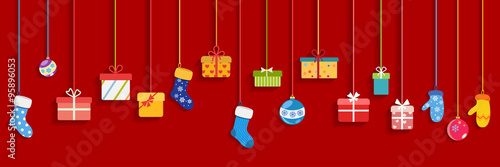 Hanging gift boxes, socks, mittens and christmas balls