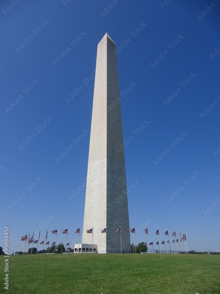Washington Monument in Washington DC. View of the Washington Monument in Washington DC, with around a circle of American flags 