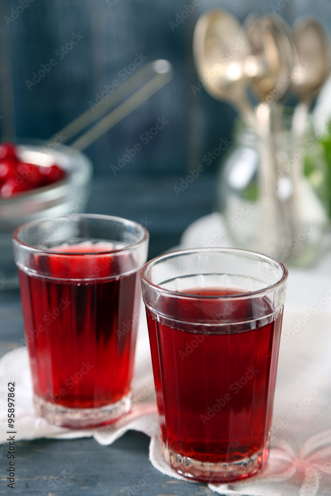 Sweet homemade cherry juice on table, on color background Sweet homemade cherry juice on table, on color background