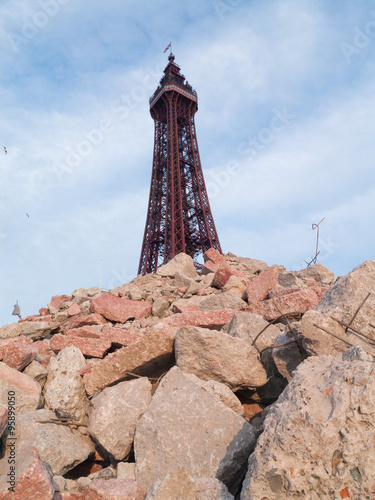 blackpool tower in an urban post apocalyptic  rubble setting.