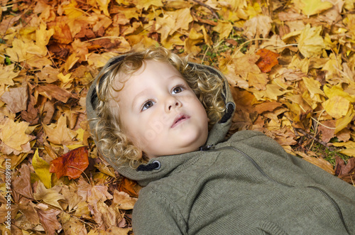 Fashionable closeup photo of cute curly hair blonde kid lying in yellow autumn leaves 