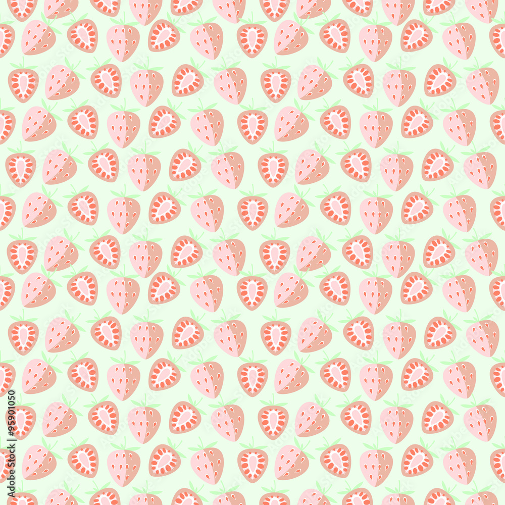 Seamless vector pattern, mat symmetrical background with strawberry, whole and half over light backdrop.