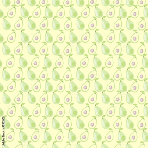 Seamless vector pattern, mat symmetrical background with avocado, whole and half over light backdrop.