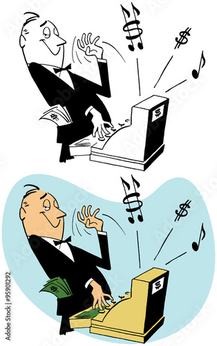 Man ringing cash register full of money