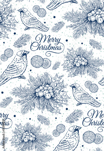 print, seamless pattern with blue Christmas tree, ilex, citrus, bird, sprig of holly with berries on a white background, spruce, vector illustration