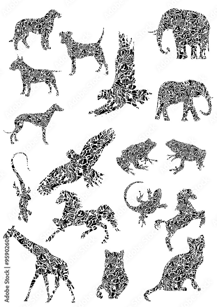 Various animals. Silhouettes of animals with texture.