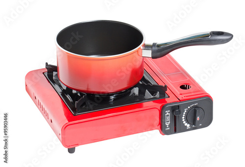 Non-Stick Pot on Portable Gas Stove Isolated on White.