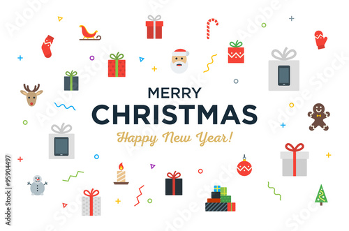 Greeting Christmas and Happy New Year Card with bunch of gifts