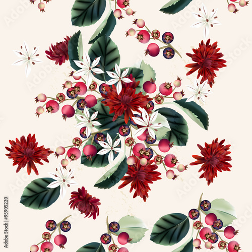 Vector seamless illustration with chrysanthemums flowers and ber