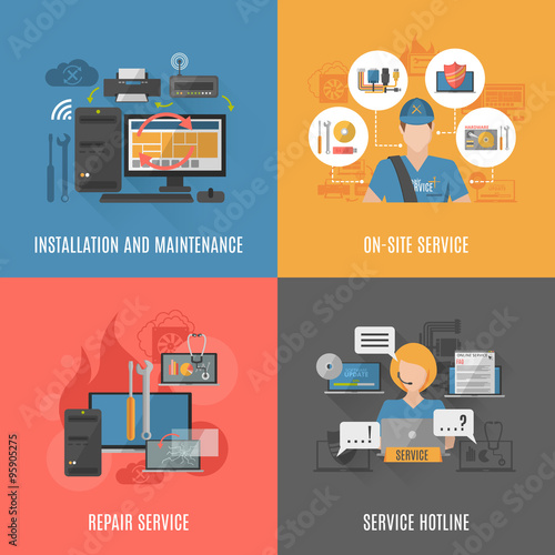 Computers repair 4 flat icons square 