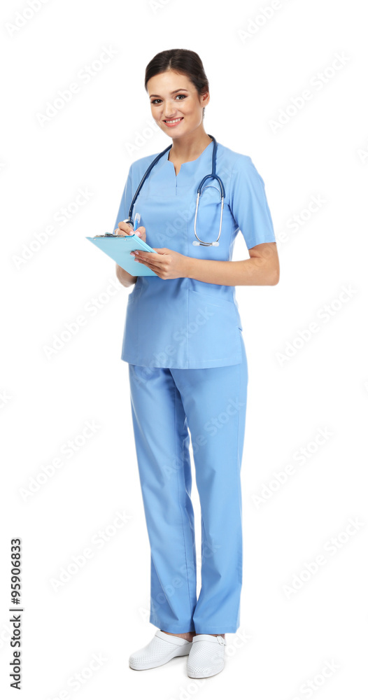 Smiling medical doctor holding a folder isolated on white Smiling medical doctor holding a folder isolated on white