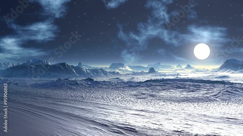 Space storm of an alien planet in the sky. Hills and old ruined rock filled with blue light bright moon hanging low over the hazy horizon. The starry sky nebula white flash and change their shape.